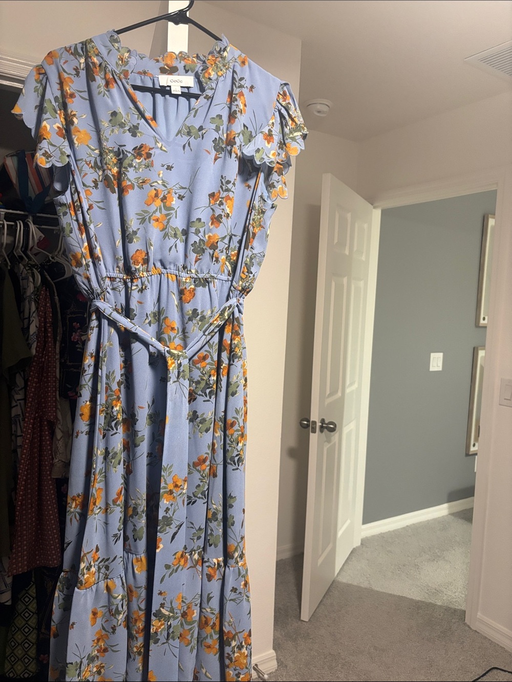 CeCe Sky Blue Maxi Dress with Orange Floral Print